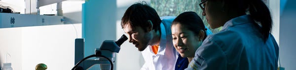 students in the lab with a microscope