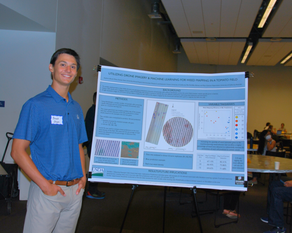 Student poses next to poster at 2024 Symposium